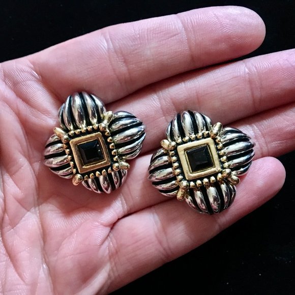 Vintage Retro 80's Designer Clip-On Earrings Silver Gold Gemstone Women's Chunky - Picture 2 of 12